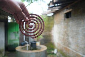 Close-up of a hand holding a mosquito coil. photo