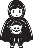 Little kid wearing Cloaks and cape costume holding jack o lantern bucket clean simple black vector