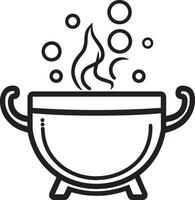 Cauldron with bubbles, halloween linear black vector