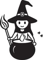 Witch with cauldron, halloween linear black vector