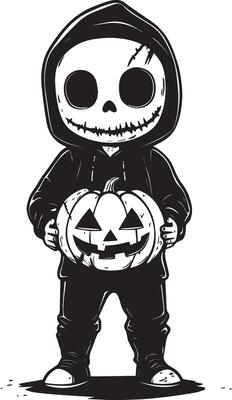 Little kid wearing Zombie costume holding jack o lantern clean simple black