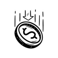 Hand drawn doodle of a falling dollar coin with a downward arrow. Sketch style icon representing financial decline, cost reduction, price drop. Perfect for business, finance, economic illustrations vector