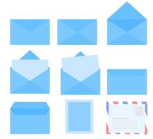 Blue envelope isolated on white background.Closed and opened paper.Folded and unfolded.Greeting or gift card.Empty letter and stamp.Mail or message. vector