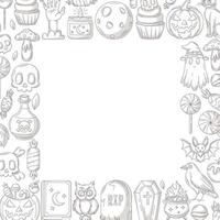 Halloween minimalist square poster, space for text in the middle. Frame with spooky gray icons from pumpkin, ghost, skull, bones. For card, banner, invitation, social media, party or note vector