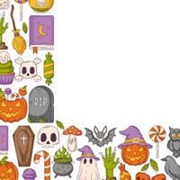 Halloween square poster, space for text. Corner frame with spooky colorful icons from pumpkin, ghost, skull and bones, bat. For card, banner, invitation, social media, party or note vector
