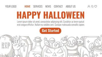 Halloween minimalist landing page template. Holiday flat bottom frame, scary, spooky icons. Tombstone, coffin, zombie hand, pumpkin, sweets, cat. For website, web page, online, banner, party. vector
