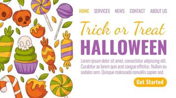 Halloween landing page template. Holiday flat side border frame, colorful sweets icons. Candy cane, lollipop, skull shape cherry, cupcake. For website, web page, online, banner, party. vector