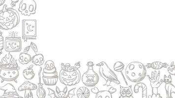 Halloween minimalist banner, horizontal background with spooky, scary icons. Flat illustration, monochrome gray corner border frame, space for text. For festival, party, invitation, poster vector
