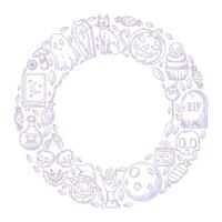 Halloween minimalist design, round frame with space for text in the middle. Geometric shape with spooky icons. Flat illustration for greeting card, invitation, print, social media, poster vector