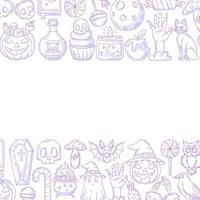 Halloween minimalist square poster, space for text in the middle. Colorful bottom and upper frame with spooky, scary purple icons, skull, ghost, pumpkin. For card, banner, invitation, social media vector