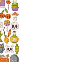 Halloween square poster, space for text. Left side frame with spooky, scary colorful icons from pumpkin, skull and bones, broomstick. For card, banner, invitation, social media, party or note vector