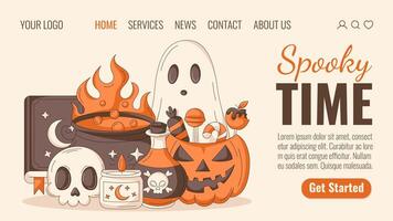 Halloween landing page layout. Holiday flat illustration with ghost, pumpkin, sweets, spell book, cauldron and bottle with potion, candle, skull. For website, web page, online, banner, party. vector