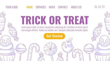Halloween minimalist landing page template. Holiday flat illustration, bottom frame with sweets purple icons from lollipop, candy cane, cupcake with skull. For website, web page, online, banner vector