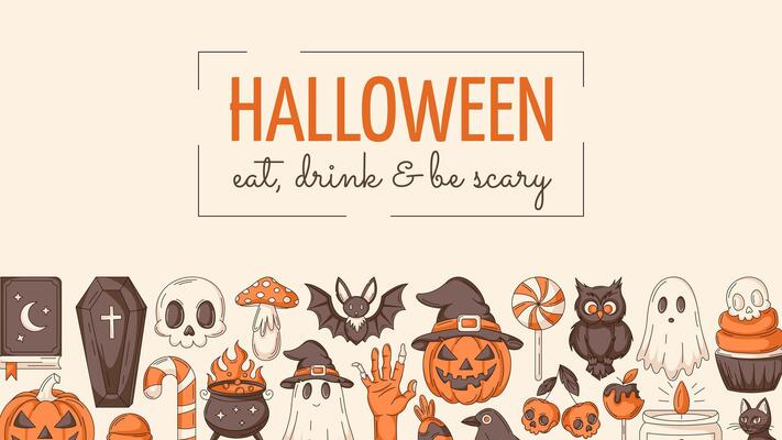 Halloween banner, horizontal background with spooky, scary icons. Flat illustration, colorful bottom border frame, holiday text. For postcard, festival, party, invitation, poster or flyer