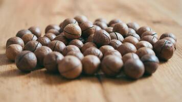 Whole macadamia nuts on the table. Many macadamia nuts lie on the table as a background. video
