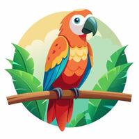 A cartoon parrot sitting on a branch with leaves vector
