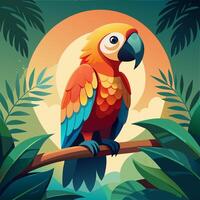 A colorful parrot sitting on a branch in the jungle vector