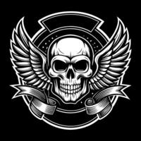 Skull with wings and ribbon on black background vector