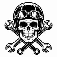 A skull wearing a helmet and goggles with two wrenches vector