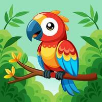Cartoon parrot sitting on a branch in the jungle vector