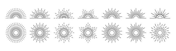 Set of abstract boho sun, sunburst. Bohemian minimalist linear sunrise and sunset isolated on transparent background. Editable stroke. illustration vector