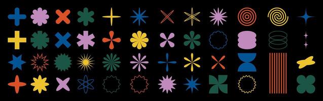 Set of colorful abstract geometric shape and icon isolated on black background. Aesthetic design elements. Bauhaus memphis design. illustration vector
