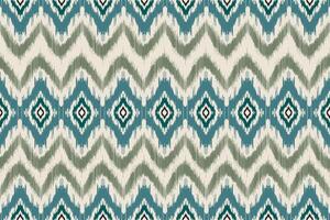 Seamless Ikat pattern with teal, green, and cream geometric diamond design. vector