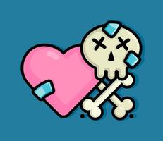 cartoon line style illustration of wounded heart patched with bandages and a skull forming a cross to simulate a toxic and dangerous relationship. Clip art can be used for t shirt, clothing, print vector