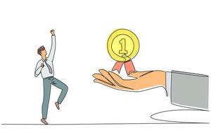 Single continuous line drawing businessman was happy to get a reward medal from giant hand. Recognition from various parties for extraordinarily brilliant business. One line design illustration vector