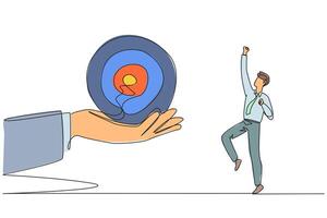 Single continuous line drawing the businessman was excited to get the arrow target board from a giant hand. Get an exciting challenge. Focus on completing on time. One line design illustration vector
