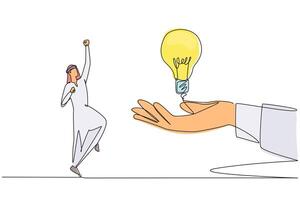 Single one line drawing Arabian businessman is excited to get lightbulb from a giant hand. Priceless gift. Innovation. Brainstorming. For business progress. Continuous line design graphic illustration vector
