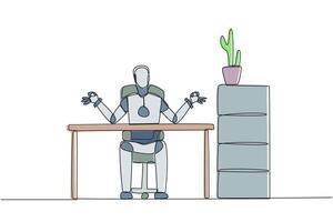Single one line drawing robot sitting in a work chair with his fingers rounded. Robots need a sense of calm. Improving programmed artificial intelligence. Continuous line design graphic illustration vector