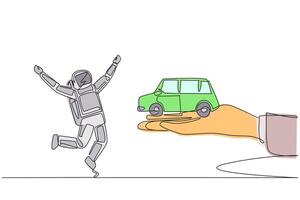 Continuous one line drawing astronaut excited to get miniature car from giant hand. Vehicle. Ease of accommodation. Right of ownership. Reward. Cosmonaut. Single line draw design illustration vector