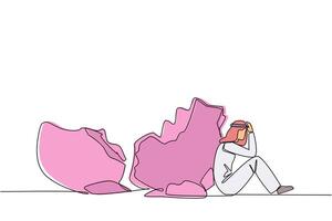 Continuous one line drawing Arabian businessman sit slump next to a large, destroyed big piggy bank. Lament the fate. No capital at all. No savings left. Single line draw design illustration vector