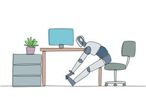 Single continuous line drawing robot sits in work chair with his legs straightened, hands hold legs. Feasibility trial. Algorithm improvements. Future technology. One line design illustration vector
