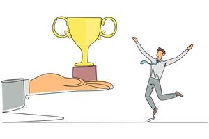 Single one line drawing the businessman was happy to get a trophy from the giant hand. Business people who rely on innovation. Recognition from society. Continuous line design graphic illustration vector