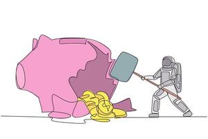 Single one line drawing astronaut hit big piggy bank with big hammer until it cracked. Coins scattered around. Not according to plan. Funding difficulties. Continuous line design graphic illustration vector