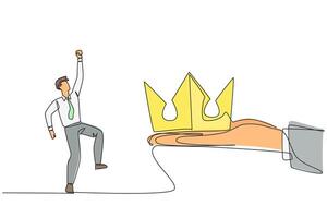 Single continuous line drawing the businessman is happy to get the crown from the giant hand. Continuing the throne of the business empire. Must be more successful. One line design illustration vector