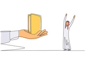 Single continuous line drawing Arabian businessman was excited to get a wallet from the giant hand. Profitable prizes. Get a treat. Didn't spend any money at all. One line design illustration vector