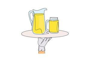 Continuous one line drawing the waiter holds food tray serving glass of lemonade and pitcher. More delicious to enjoy in summer. Refreshing drink. Healthy. Single line draw design illustration vector