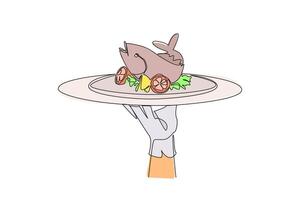 Continuous one line drawing the waiter holds a food tray serving baked fish. Served with lemon and various spices. Contains good fats. Can help lose weight. Single line draw design illustration vector