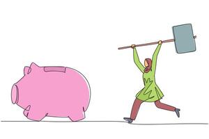 Single one line drawing Arab businesswoman holding big hammer chasing big running piggy bank. Need more money. Digging into other saving. Financial problem. Continuous line design graphic illustration vector
