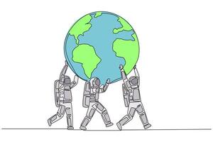 Single one line drawing group of astronauts working together to carry globe. Very successful space mission. Get back to earth as soon as possible. Spaceman. Continuous line design graphic illustration vector