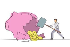Single one line drawing businessman hit big piggy bank with a big hammer until it cracked. Coins scattered around. Urgent needs. Save the office. Bankrupt. Continuous line design graphic illustration vector