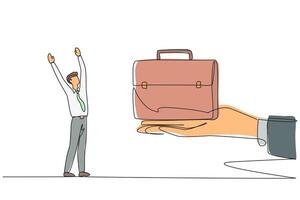 Single continuous line drawing businessman was excited to get the briefcase from the giant hand. Important prize. Simplify business trips. Increase company revenue. One line design illustration vector