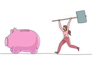 Continuous one line drawing businesswoman holding a big hammer chasing big running piggy bank. Looking for a solution. Cashing out investments. Problem. Single line draw design illustration vector