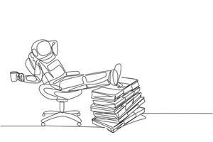 Single one line drawing astronaut sitting relaxed in work chair holding mug. Funds collected. Sit back and relax before going on an expedition to the moon. Continuous line design graphic illustration vector