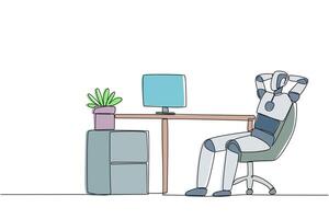Single one line drawing robot sitting in work chair with his hands behind his head. Relax. See the programming process for making other robots. Technology. Continuous line design graphic illustration vector