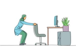 Single continuous line drawing Arab woman stands with a slight bend and both hands hold the top of chair. Stretching. Exercise trains balance and breathing. Focus. One line design illustration vector