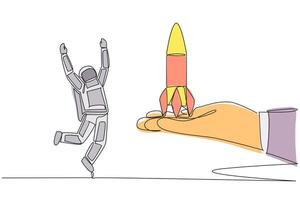 Single continuous line drawing astronaut happy to get rocket from the giant hand. A worthy gift. Getting the chance to expedition into space once again. Cosmonaut. One line design illustration vector
